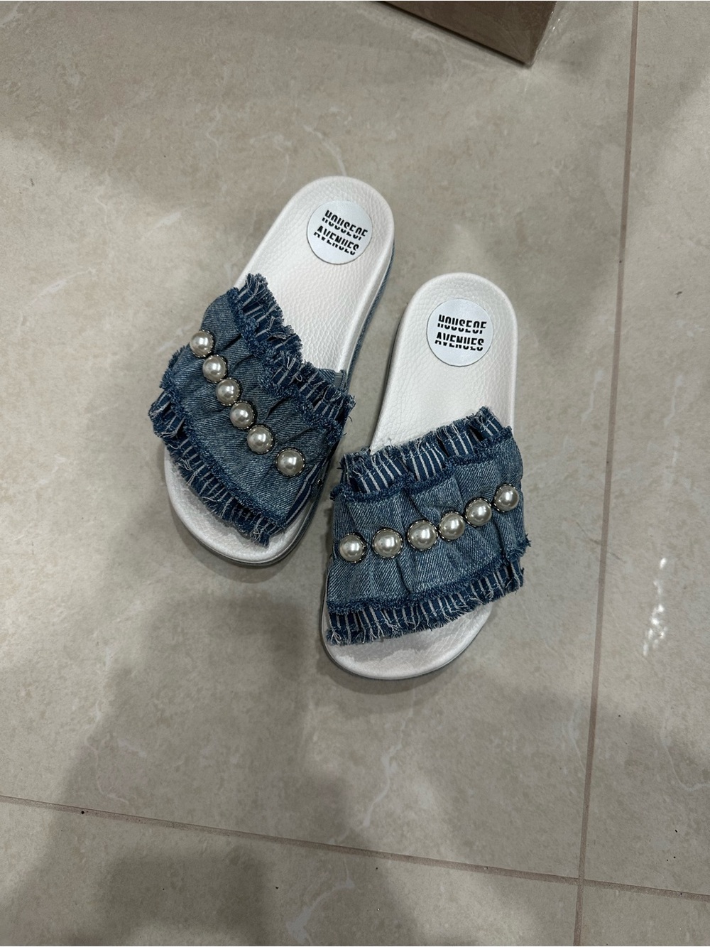 Denim Pearl Slide Sandals - White Footbed